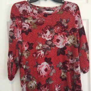 Rebecca Malone Soft Top~Thin Pullover Sweater~Coral Floral Roses~3/4 Sleeve~Sz S